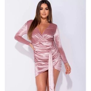 Valentine Day Light Pink Velvet Ruched DeepV Sash Long Sleeve Bodycon Mini Dress